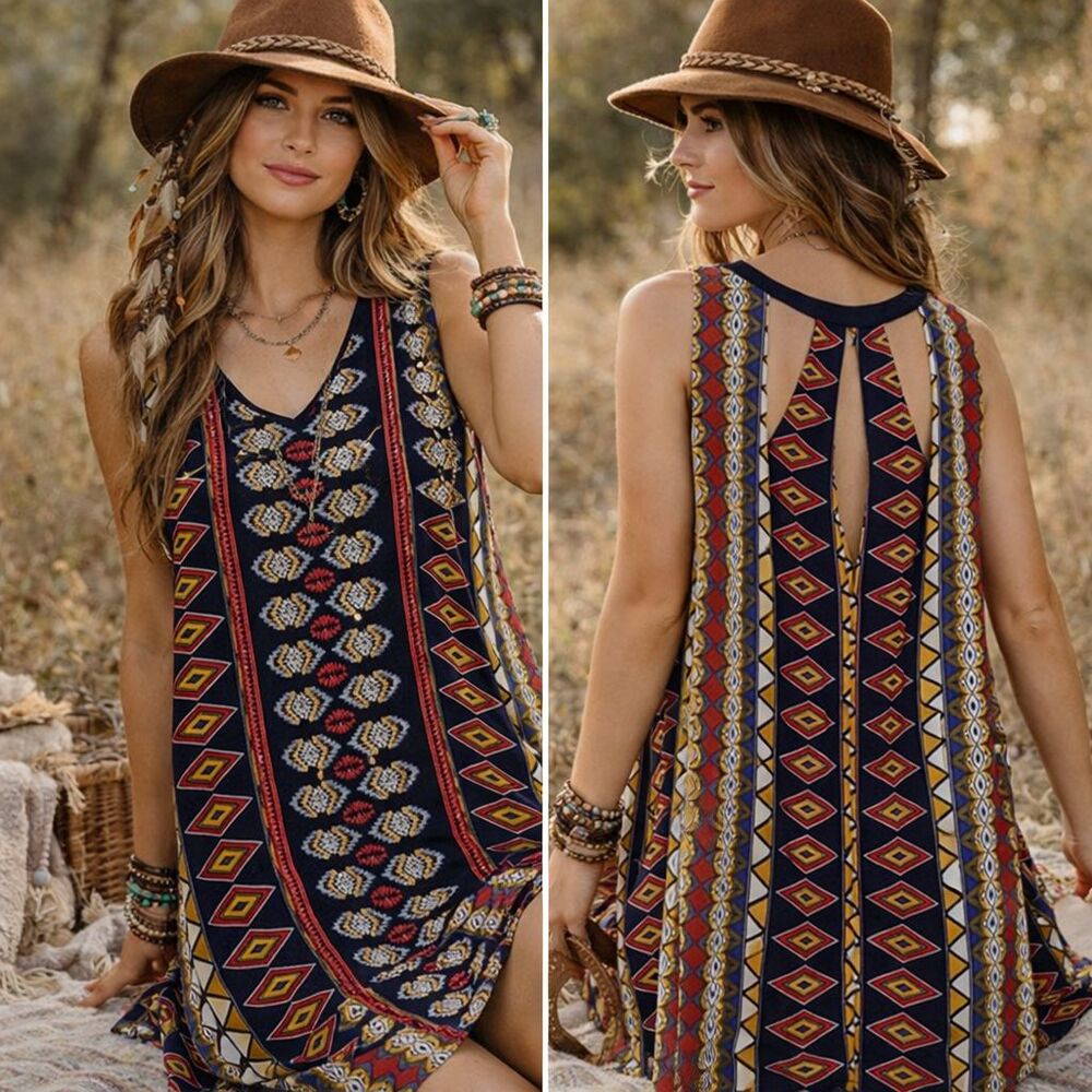 Tribal Print Tank Dress Women Large THML Boho Swing Festival Casual NWT Aztec - Picture 1 of 13